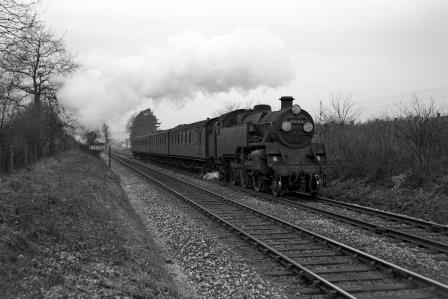 BR Std 4MT class 80154 near Hurst Green, Surrey with the 3.38pm Victoria - Brighton service on Easter Monday 23 Apr 1962 - J. Scrace [142701]