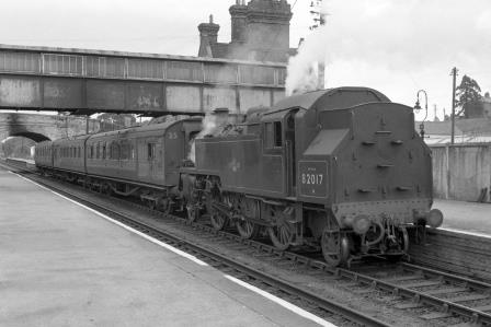 BR Std 3MT class 82017 at Axminster Station, Devon with the 1.55pm to Exeter Central on Thursday 03 Jul 1958 - J. Scrace [142707]