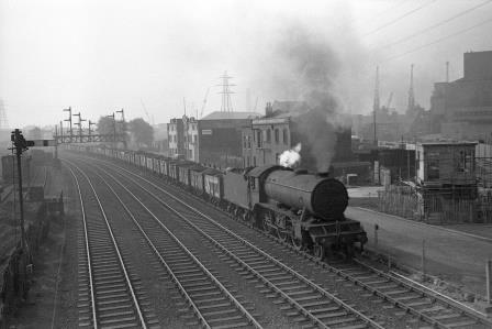 BR(E) K3 class 61932 near Canning Town, Greater London with a Northbound coal service on Saturday 22 Sep 1956 - J.H.W. Kent [150224]