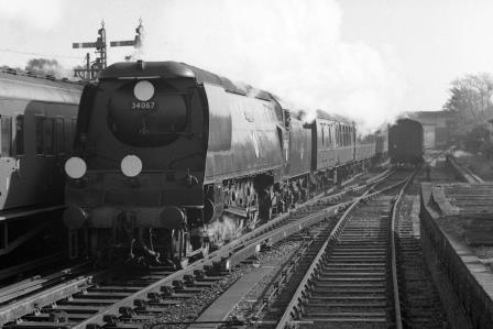 BR(S) Battle of Britain class 34067 'Tangmere' at Hove Station, East Sussex with the 11.0am Brighton - Cardiff service on Saturday 01 Nov 1958 - J.H.W. Kent [150447]