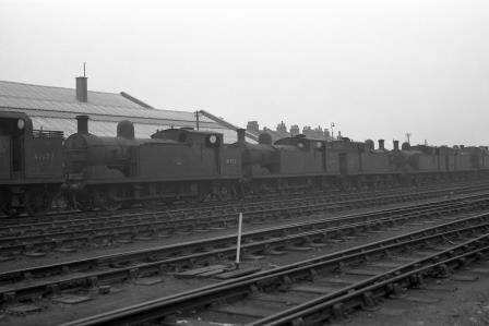 BR(M) 3F class 41993 & BR(M) 3F class 41984 & BR(M) 3F class 41986 at Plaistow Carriage Sidings, Greater London in Nov 1958 - J.H.W. Kent [150480]