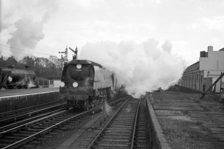 BR(S) West Country class 34097 'Holsworthy' at Hove Station, East Sussex with the 11.00am Brighton - Cardiff service on Saturday 31 Jan 1959 - J.H.W. Kent [150495]