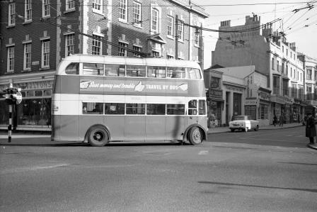Brighton Hove and District Transport Class Trolleybus 342 at Junction Old Steine & St James Street, Brighton, East Sussex with a Route 42 on Sunday 01 Feb 1959 - J.H.W. Kent [150510]