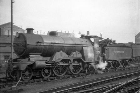 BR(S) Brighton Atlantic class 2038 'Portland Bill' at Brighton Shed, East Sussex circa 1948 - J.H.W. Kent [152486]