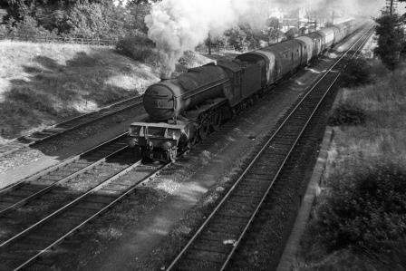 BR(E) V2 class at Greenwood, Greater London with a Northbound service on Saturday 09 Jul 1949 - J.H.W. Kent [152840]