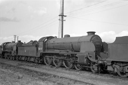 BR(S) King Arthur class 30737 'King Uther' at Eastleigh Shed, Hampshire on Saturday 22 Mar 1952 - J.H.W. Kent [153278]