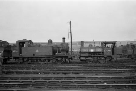 BR(M) 3F class 47561 & BR(M) 0F class 51207 at Devons Road, Bow Shed, Greater London circa May 1952 - J.H.W. Kent [153377]