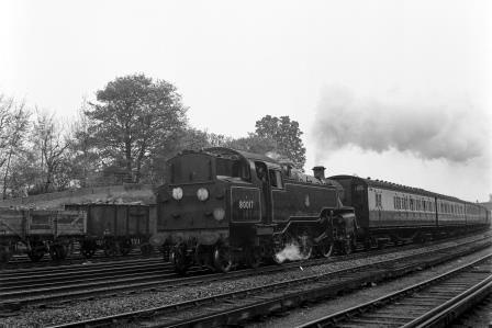 BR Std 4MT class 80017 passing Preston Park Pullman Car Works, East Sussex with a Northbound service on Saturday 01 May 1954 - J.H.W. Kent [154379]