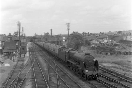 BR(S) Lord Nelson class 30850 'Lord Nelson' at St Denys Station, Hampshire with a Waterloo - Bournemouth or Weymouth service on Saturday 26 Jun 1954 - J.H.W. Kent [154520]