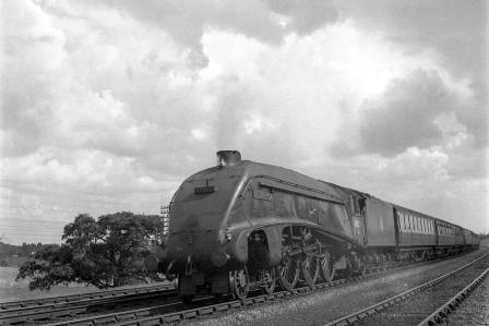 BR(E) A4 class 60017 'Silver Fox' near Potters Bar, Hertfordshire with a Northbound service on Saturday 14 Aug 1954 - J.H.W. Kent [154688]