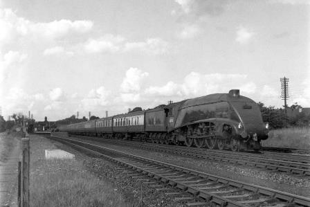 BR(E) A4 class 60030 'Golden Fleece' at Brookmans Park Station, Hertfordshire with a Southbound Passenger on Saturday 14 Aug 1954 - J.H.W. Kent [154692]