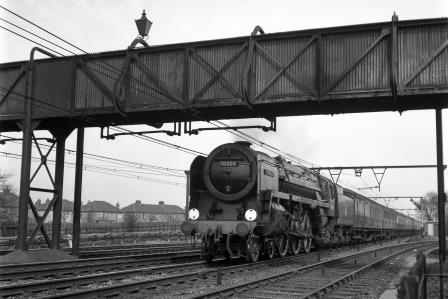 BR Britannia class 70008 'Black Prince' approaching Romford, Greater London with an up Passenger service on Saturday 02 Apr 1955 - J.H.W. Kent [154889]
