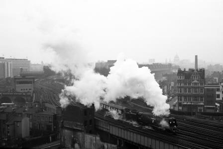 BR(S) Battle of Britain class 34051 'Winston Churchill' at Waterloo, Greater London with a Winston Churchill's Funeral service on Saturday 30 Jan 1965 - D. Esau [155160]