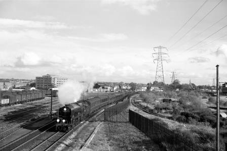 BR(S) West Country class 34101 'Hartland' at Millbrook, Hampshire with a down Inter Regional Service on Saturday 03 Nov 1962 - D. Esau [155250]