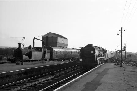 BR(S) M7 class 30053 & BR(S) Merchant Navy class 35019 'French Line C. G. T.' at Wareham Station, Dorset with the 5.35pm Weymouth - Waterloo service on Friday 10 Apr 1964 - D. Esau [155459]