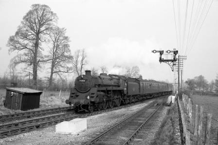 BR Std 5MT class 73054 near Templecombe, Somerset with a Southbound service on Saturday 03 Apr 1965 - D. Esau [155678]