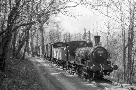 BR(S) Well Tank class 30585 between Boscarne Junction and Wenford Bridge, Cornwall with a China clay wagons to Wenford Bridge in Apr 1960 - D. Esau [155790]