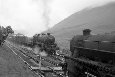 BR(M) 5MT class 45359 & BR(M) 5MT class 45400 at Glen Lochy Crossing, Scotland with a Freight train for Oban on Tuesday 25 Jul 1961 - D. Esau [156770]