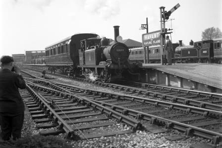 BR(S) Terrier class 32677 at Havant Station, Hampshire with a Havant - Hayling Island service on Sunday 03 May 1953 - C.A.K. Saunders [159096]