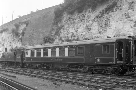 Pullman 2nd Class Brake Parlour Car 'Car No. 27' at Preston Park Pullman Car Works, Brighton, East Sussex on Wednesday 01 Jun 1955 - J.H.W. Kent [200090]