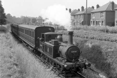 BR(S) Terrier class 32650 approaching Havant, Hampshire with a Hayling Island - Havant service on Saturday 25 Jun 1955 - J.H.W. Kent [200094]
