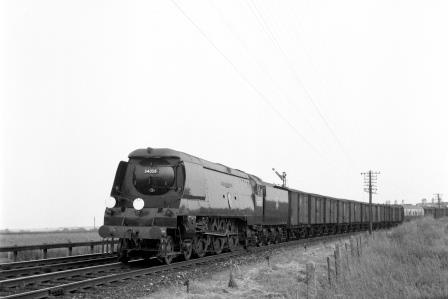BR(S) Battle of Britain class 34058 'Sir Frederick Pile' approaching Cosham Junction, Hampshire with a Westbound Vans on Saturday 25 Jun 1955 - J.H.W. Kent [200116]