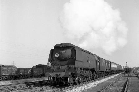 BR(S) Battle of Britain class 34090 'Sir Eustace Missenden, Southern Railway' leaving Newhaven Town, East Sussex with a Newhaven Harbour - Victoria Boat Train on Sunday 26 Jun 1955 - J.H.W. Kent [200125]