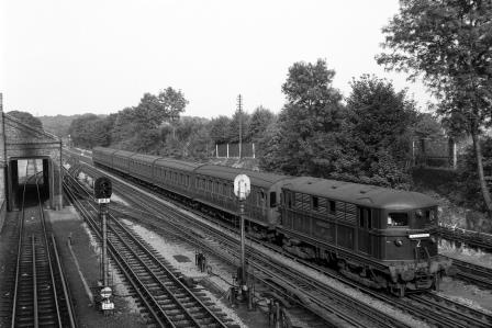 LT Class MET Bo-Bo 2 'Thomas Lord' approaching Rickmansworth, Hertfordshire with a London Baker Street - Aylesbury service on Wednesday 22 Jul 1959 - J.H.W. Kent [200351]