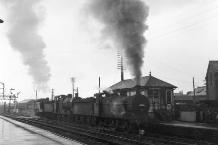 BR(M) 3F class 43284 & BR(M) 4F class 44013 & GWR 9400 class 8400 at Bromsgrove Station, Worcestershire on Monday 29 Aug 1960 - J.H.W. Kent [200561]
