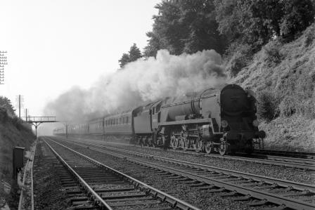 BR(S) West Country class 34044 'Woolacombe' approaching Shawford, Hampshire with a Bournemouth - LMR via Reading West & Oxford service on Friday 01 Sep 1961 - J.H.W. Kent [200765]