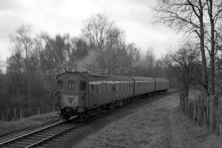 BR(S) Class 205 1112 near Worth, West Sussex with the 3.08pm Three Bridges - East Grinstead service on Thursday 15 Apr 1965 - J. Scrace [233038]