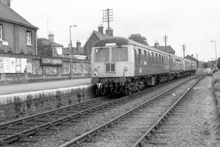 BR(E) Class 105 at Saxmundham Station, Norfolk with the 10.48am Ipswich to Lowestoft on Saturday 07 Aug 1976 - J. Scrace [233425]