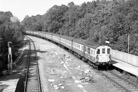 BR(S) Class 201 1002 at Crowhurst Station, East Sussex with the 10.45am Charing Cross - Hastings service on Wednesday 28 Aug 1985 - J. Scrace [233689]