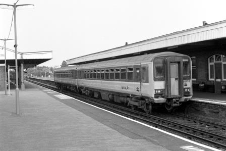 BR(W) Class 155 155335 at Barnham Station, West Sussex with the 4.10pm Bristol - Cardiff service on Sunday 06 Aug 1989 - J. Scrace [233931]