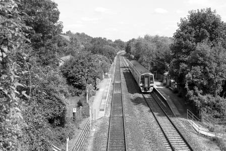 BR(W) Class 158 158867 at Avoncliff Station, Wiltshire with the 12.00pm Brighton - Cardiff service on Monday 16 Aug 1993 - J. Scrace [233997]