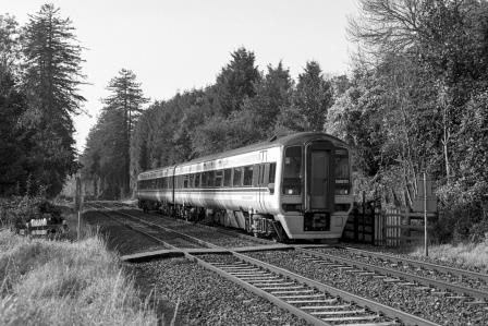 Regional Railways Class 158 158870 at Bradford-on-Avon, Wiltshire with the 12.30pm Cardiff - Portsmouth Harbour service on Tuesday 19 Oct 1993 - J. Scrace [234006]