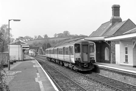 Regional Railways Class 150 150248 at Crediton Station, Devon with the 12.17pm Barnstaple - Exmouth service on Monday 01 May 1995 - J. Scrace [234073]