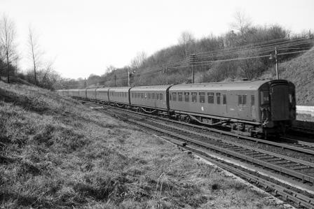 BR(S) Class 4-COR 3102 at Holmwood, Surrey with the 9.20am Portsmouth Harbour - Waterloo service on Sunday 28 Mar 1965 - J. Scrace [234280]