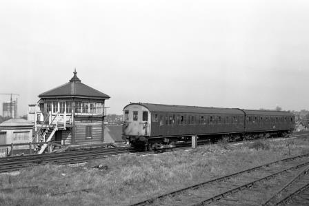 BR(S) Class 2-EPB 5703 at Knights Hill Signal Box, near Tulse Hill, Greater London with the 11.51am London Bridge to London Bridge on Wednesday 09 Apr 1969 - J. Scrace [234466]