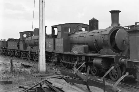 LSWR 415 class 050 & LSWR Single Framed Beyer Goods class 0369 at Eastleigh Yard, Hampshire on Wednesday 07 Jul 1926 - H.C. Casserley [270380]