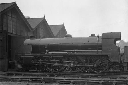 LSWR Class N15 E747 'Elaine' at Salisbury Shed, Wiltshire on Bank Holiday Monday 27 May 1929 - H.C. Casserley [270548]