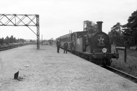 SR M7 class 128 at Brookwood Station, Surrey with an Arrival from Bisley on Saturday 12 Jul 1947 - J.H. Aston [275057]