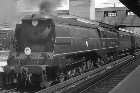 SR WC class 21C105 'Barnstaple' at Woking Station, Surrey with the 1.00pm Waterloo - West of England service on Saturday 26 Jul 1947 - J.H. Aston [275075]