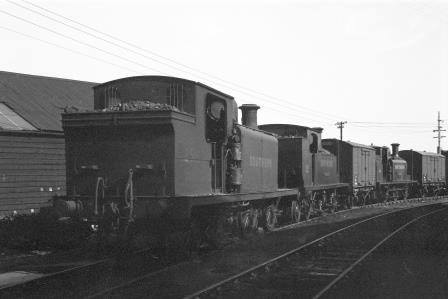 SR E4 class 2510 & SR O2 class W32 'Bonchurch' & SR O2 class W4 'Wroxall' at Newport Shed, Isle of Wight on Saturday 23 Aug 1947 - J.H. Aston [275109]
