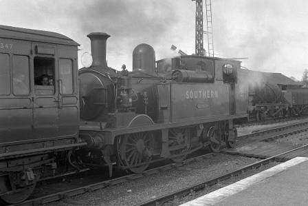 SR O2 class W21 'Sandown' at Brading Station, Isle of Wight with the 2.42pm Ventnor  -  Ryde Pier Head service on Easter Monday 29 Mar 1948 - J.H. Aston [275145]