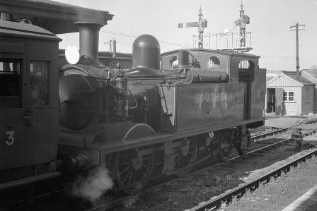 SR O2 class W18 'Ningwood' at Sandown Station, Isle of Wight with the 3.47pm  Ventnor  -  Ryde Pier Head service on Easter Monday 29 Mar 1948 - J.H. Aston [275146]