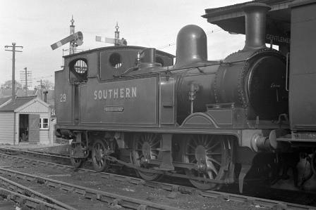 SR O2 class W29 'Alverstone' at Sandown Station, Isle of Wight with the 5.08pm to Newport via Merstone on Easter Monday 29 Mar 1948 - J.H. Aston [275147]