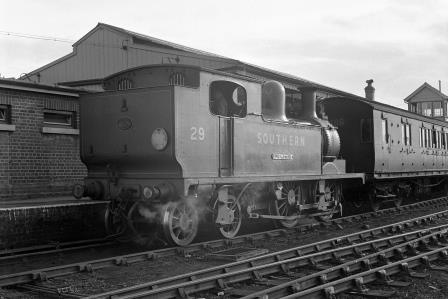 SR O2 class W29 'Alverstone' at Sandown Station, Isle of Wight with the 5.08pm to Newport via Merstone on Easter Monday 29 Mar 1948 - J.H. Aston [275148]