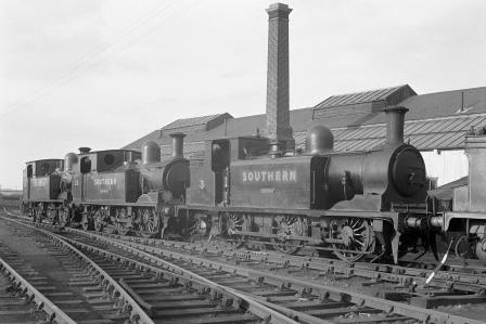 SR E1 class W3 'Ryde' & SR O2 class W26 'Whitwell' & SR O2 class W34 'Newport' at Newport Shed, Isle of Wight on Easter Monday 29 Mar 1948 - J.H. Aston [275154]