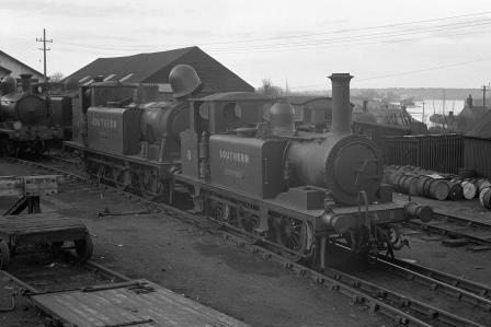 SR A1X class W8 'Freshwater' & SR E1 class W1 'Medina' at Newport Shed, Isle of Wight on Easter Monday 29 Mar 1948 - J.H. Aston [275156]